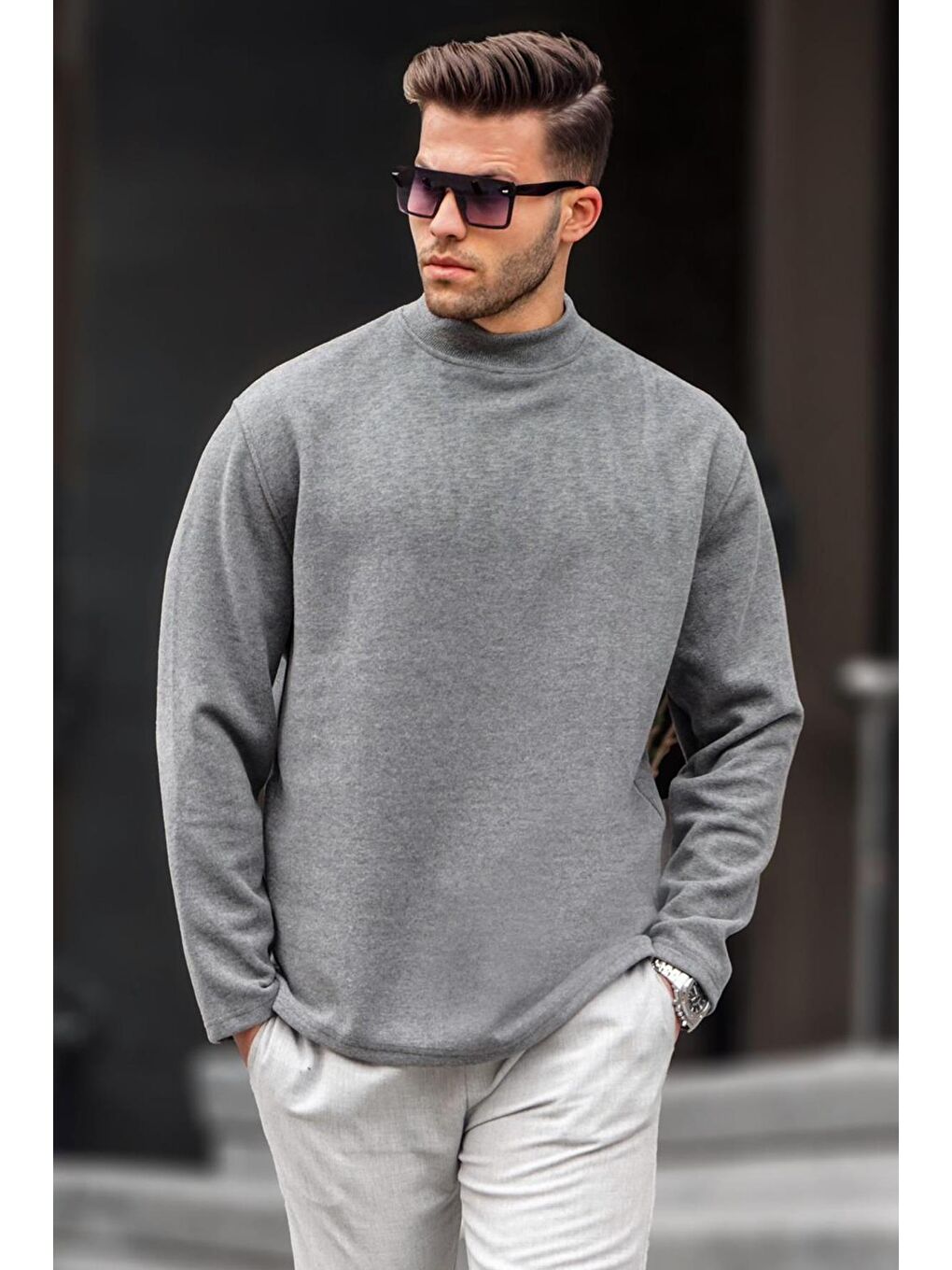 Madmext Antrasit Balıkçı Yaka Oversize Erkek Kazak 6114