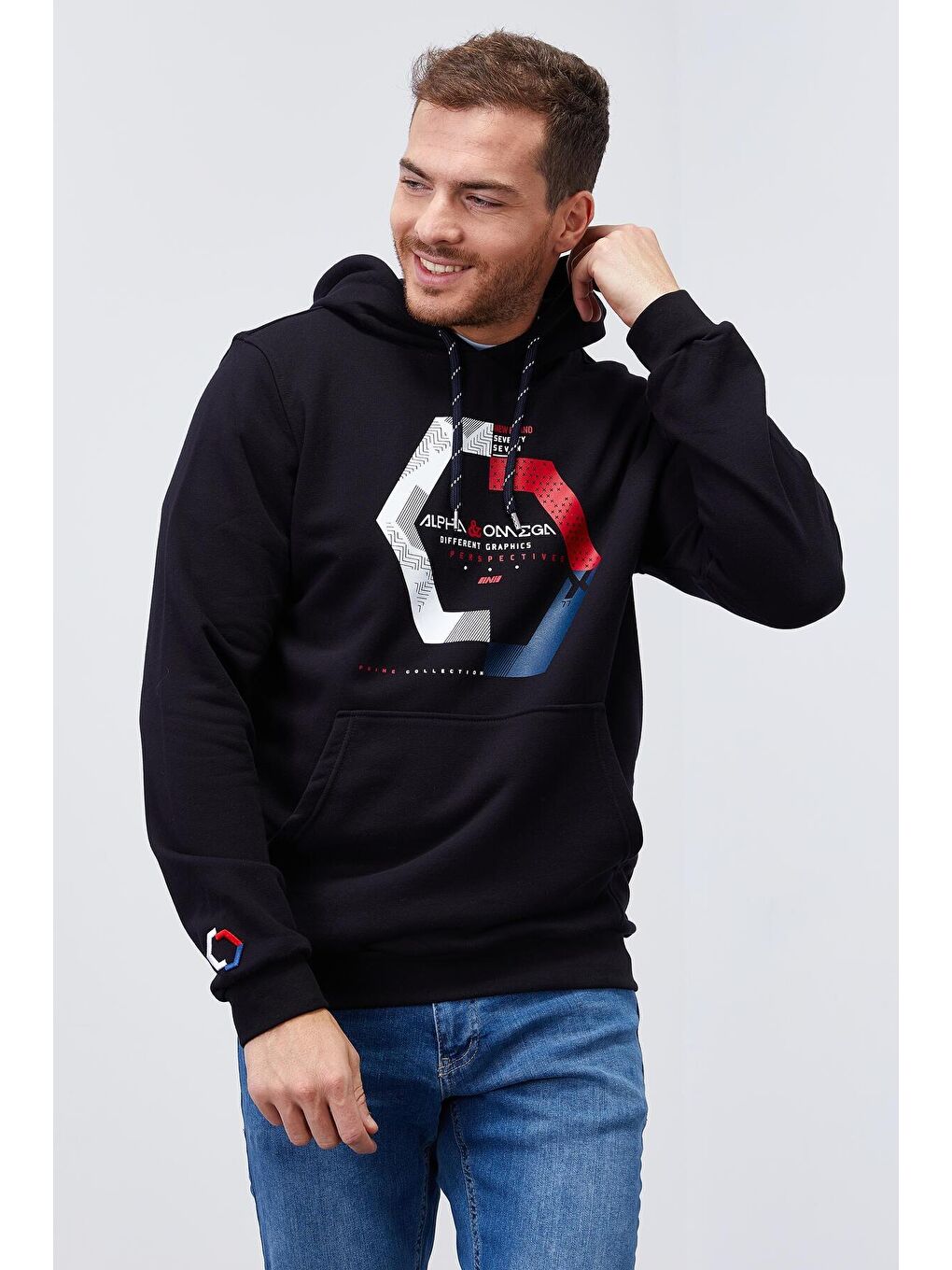 TOMMYLIFE Lacivert Geometrik Baskılı Standart Kalıp Kapüşonlu Erkek Sweatshirt - 87870