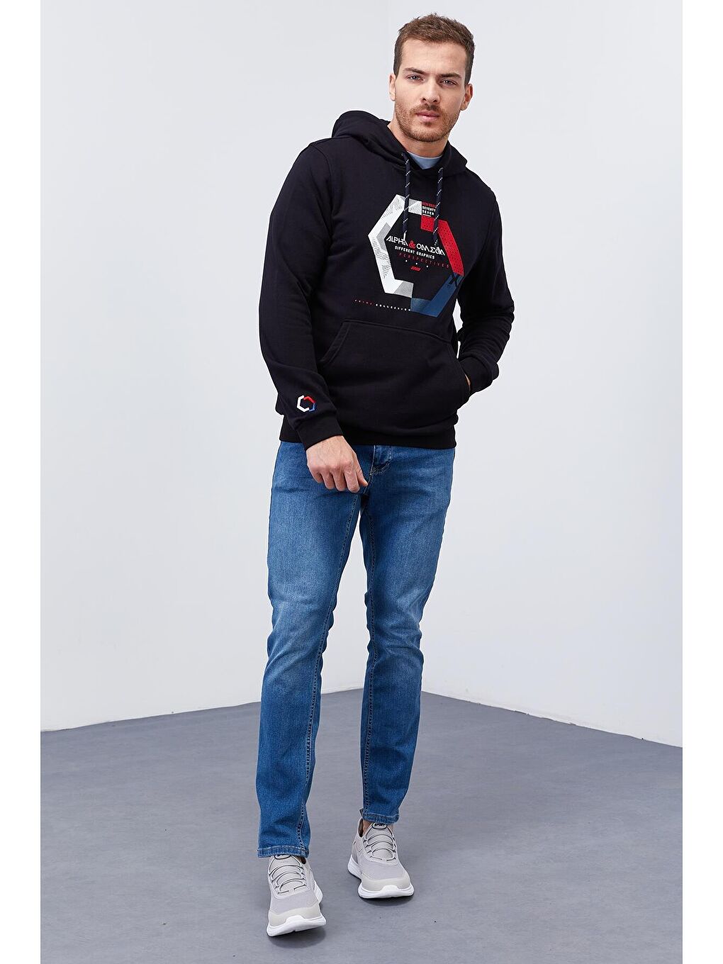 TOMMYLIFE Lacivert Geometrik Baskılı Standart Kalıp Kapüşonlu Erkek Sweatshirt - 87870 - 1