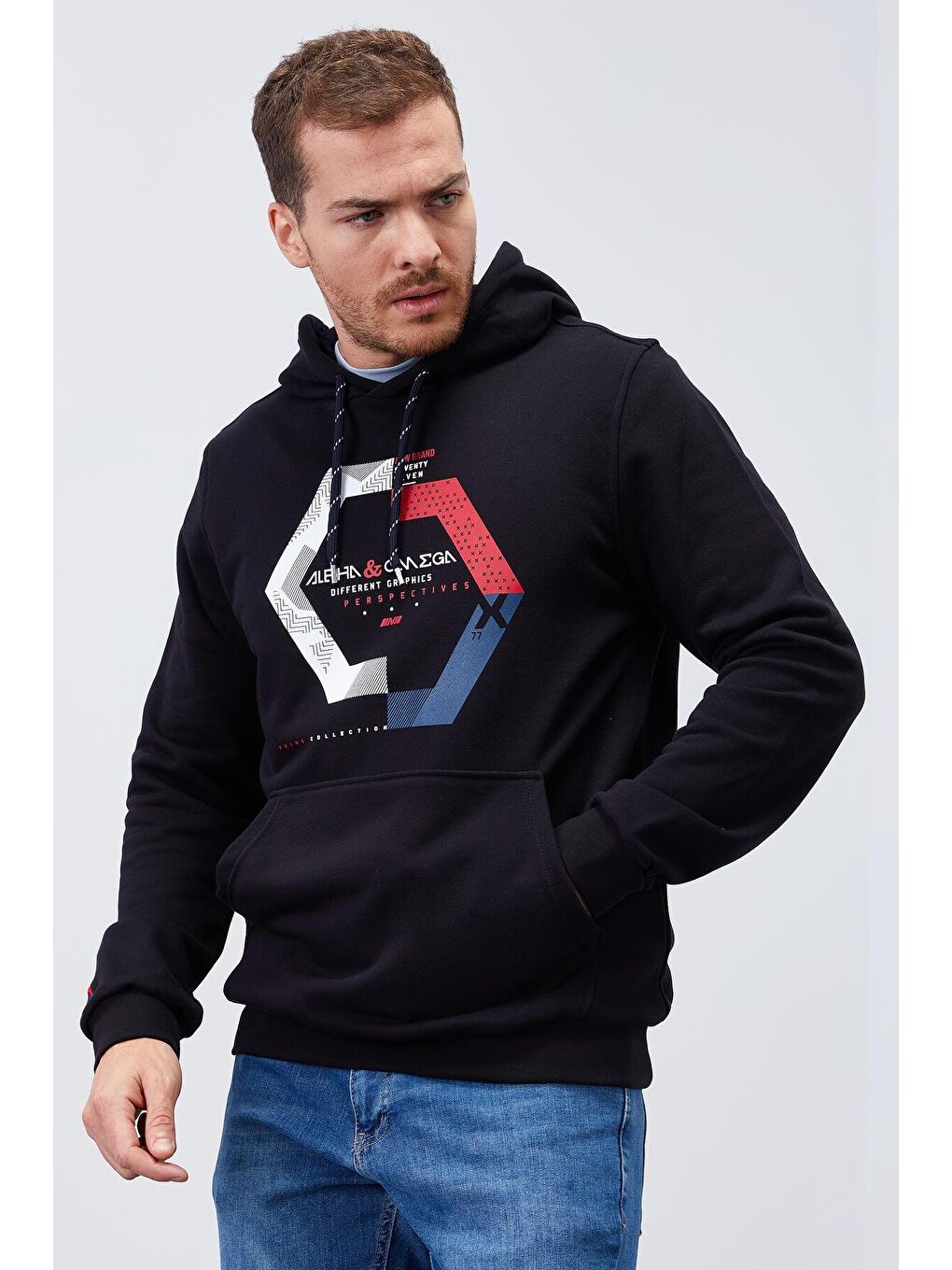 TOMMYLIFE Lacivert Geometrik Baskılı Standart Kalıp Kapüşonlu Erkek Sweatshirt - 87870 - 2