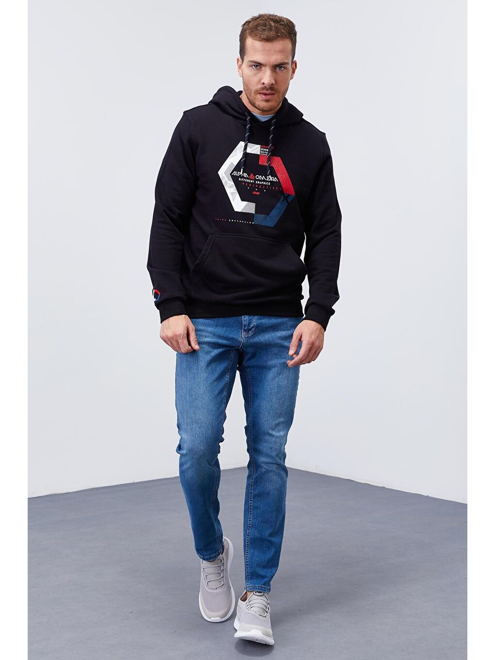 TOMMYLIFE Lacivert Geometrik Baskılı Standart Kalıp Kapüşonlu Erkek Sweatshirt - 87870 - 3