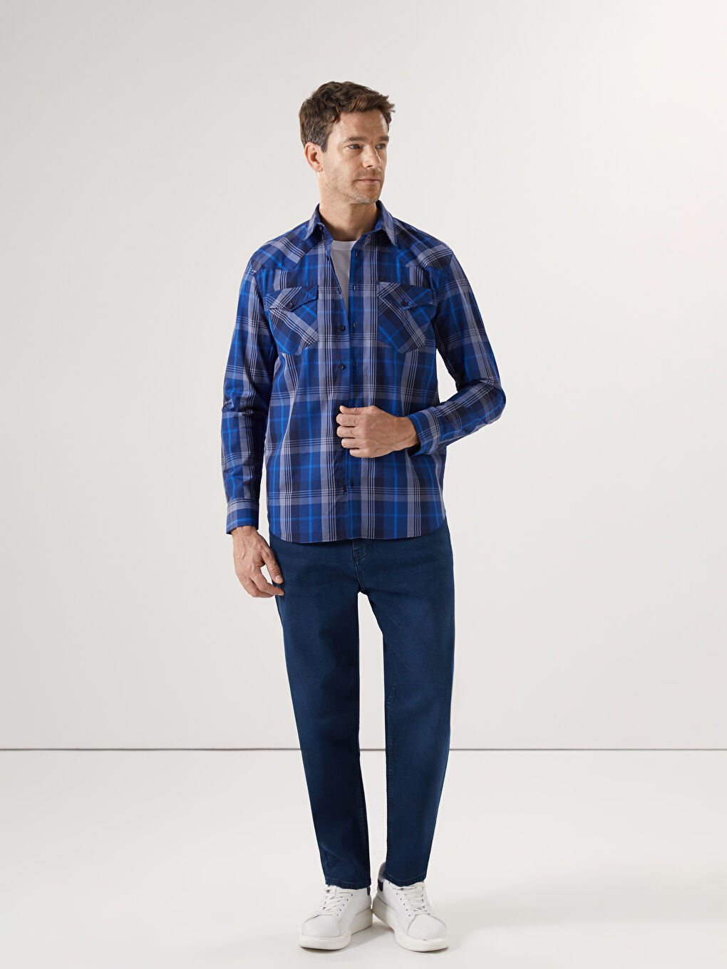 Lacivert Western Erkek Dağcı %100 Pamuk Oduncu Gömlek-2