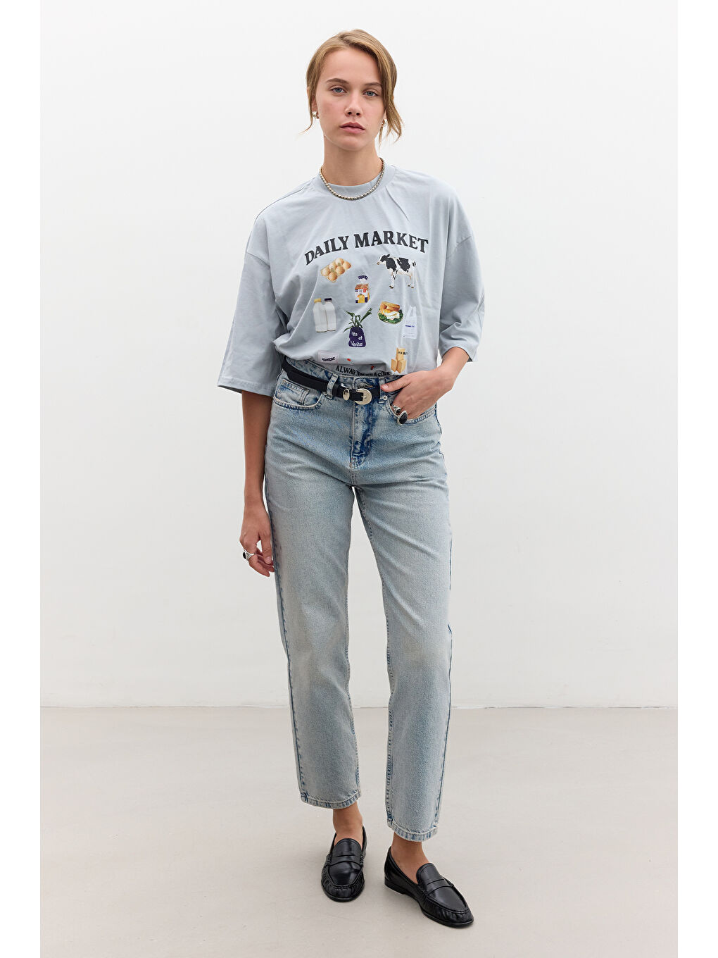 Mavi Baskılı Kısa Kol T-Shırt Market-1