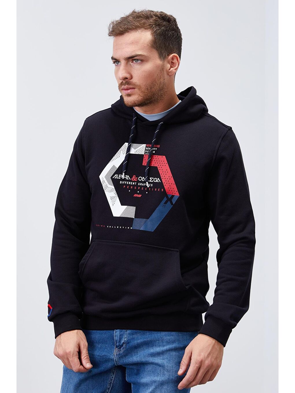 TOMMYLIFE Lacivert Geometrik Baskılı Standart Kalıp Kapüşonlu Erkek Sweatshirt - 87870 - 4