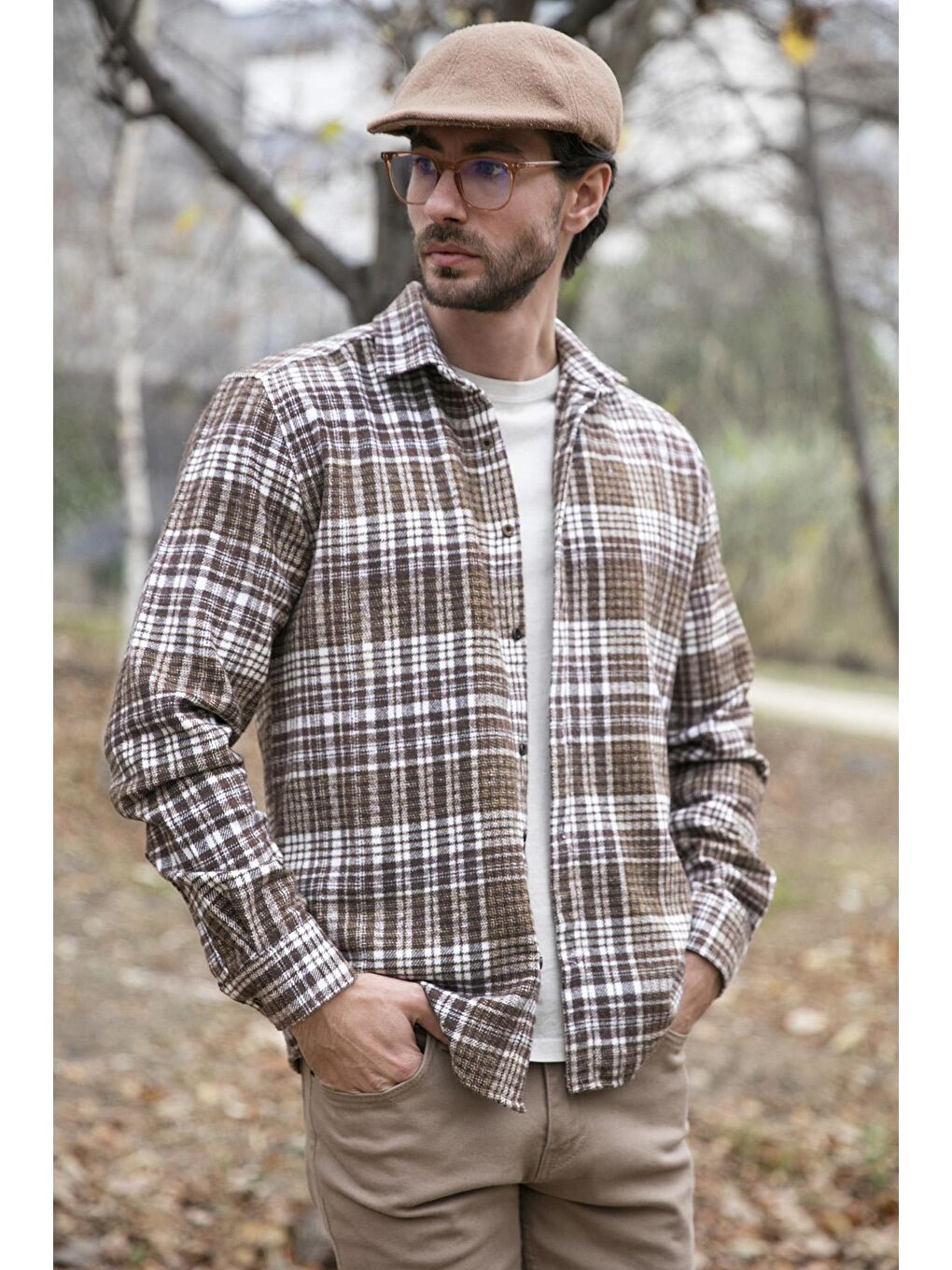 Kahverengi Ekose Desenli Pamuklu Regular Fit Kışlık Oduncu Gömlek 5896601