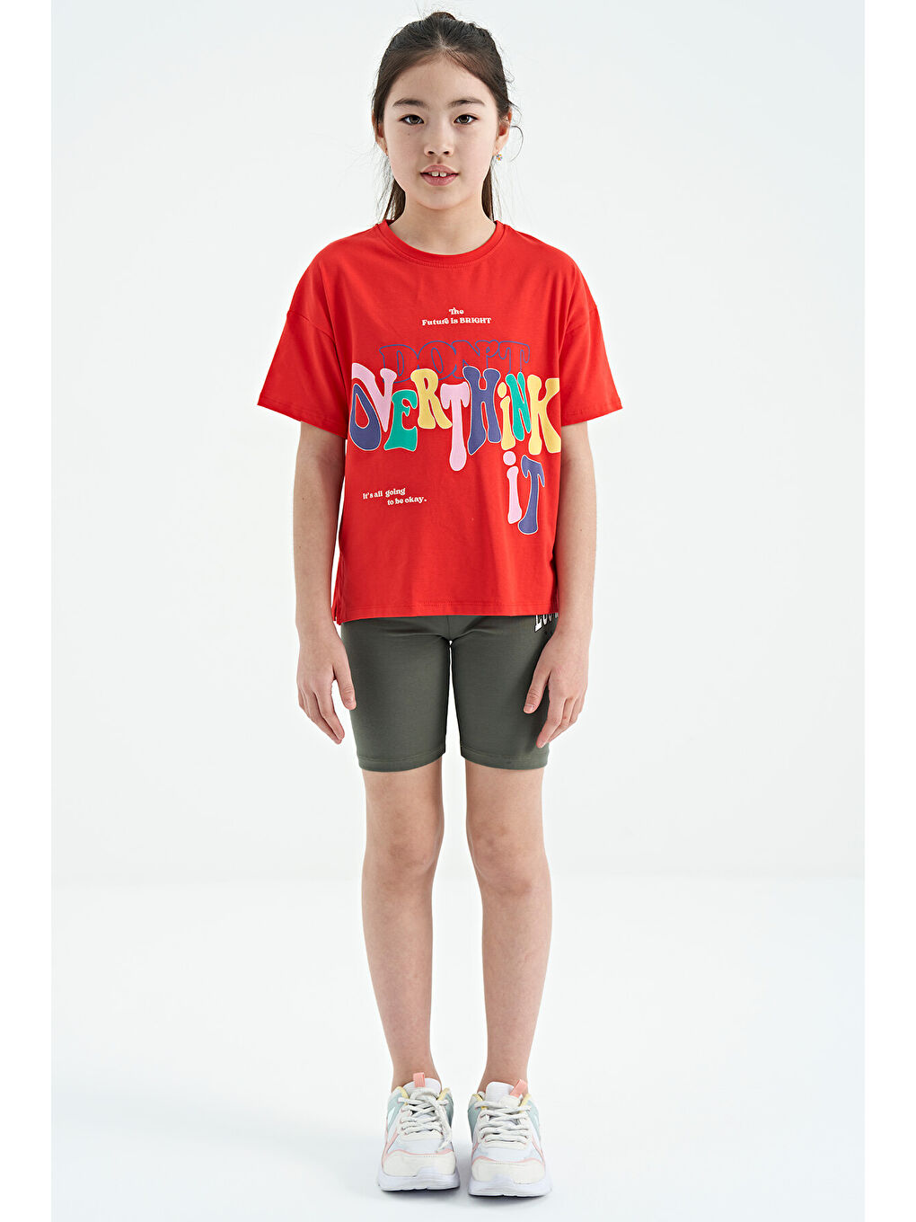 Kırmızı Fiesta Renki Yazı Baskılı O Yaka Oversize Kısa Kollu Kız Çocuk Tişört - 75112-6