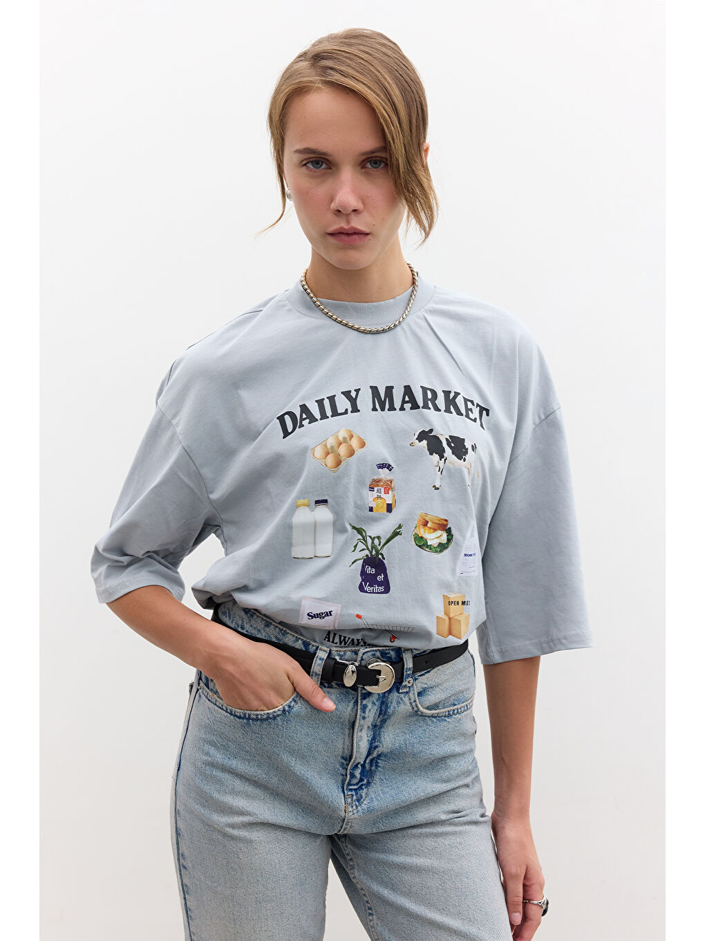 Mavi Baskılı Kısa Kol T-Shırt Market-2