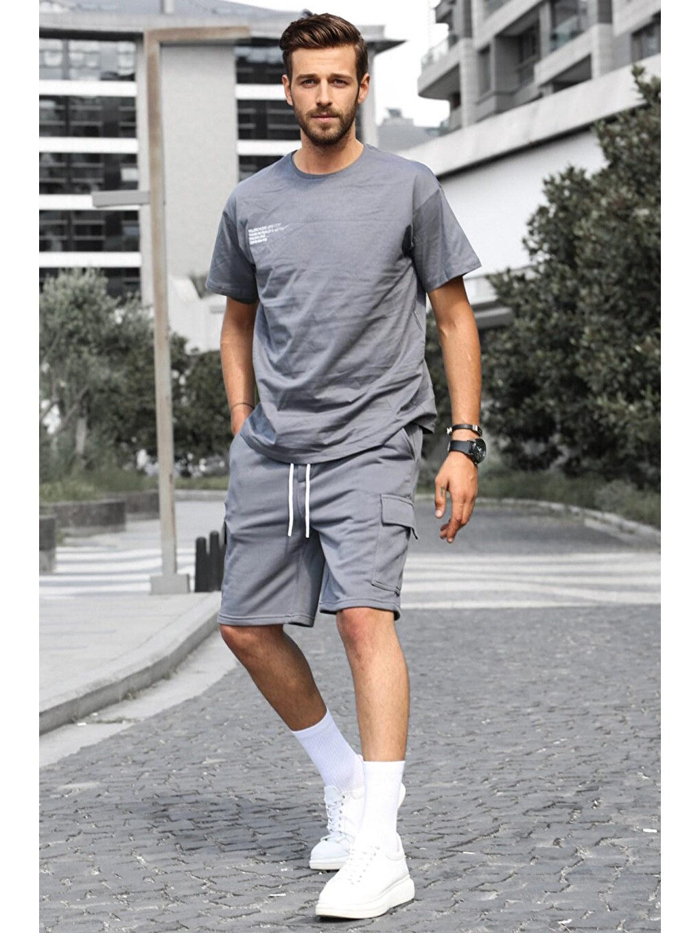 Gri Füme Oversize Erkek Şort Takımı 5391