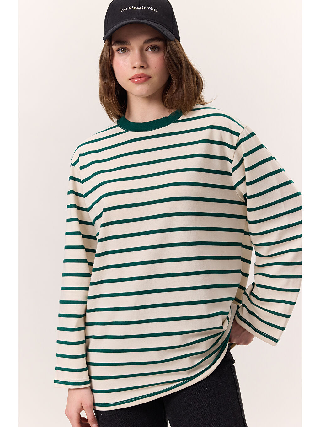 Çizgili Uzun Kollu Oversıze Tshırt Yeşil-1
