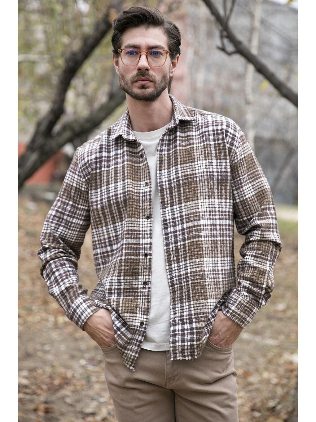 Kahverengi Ekose Desenli Pamuklu Regular Fit Kışlık Oduncu Gömlek 5896601-1
