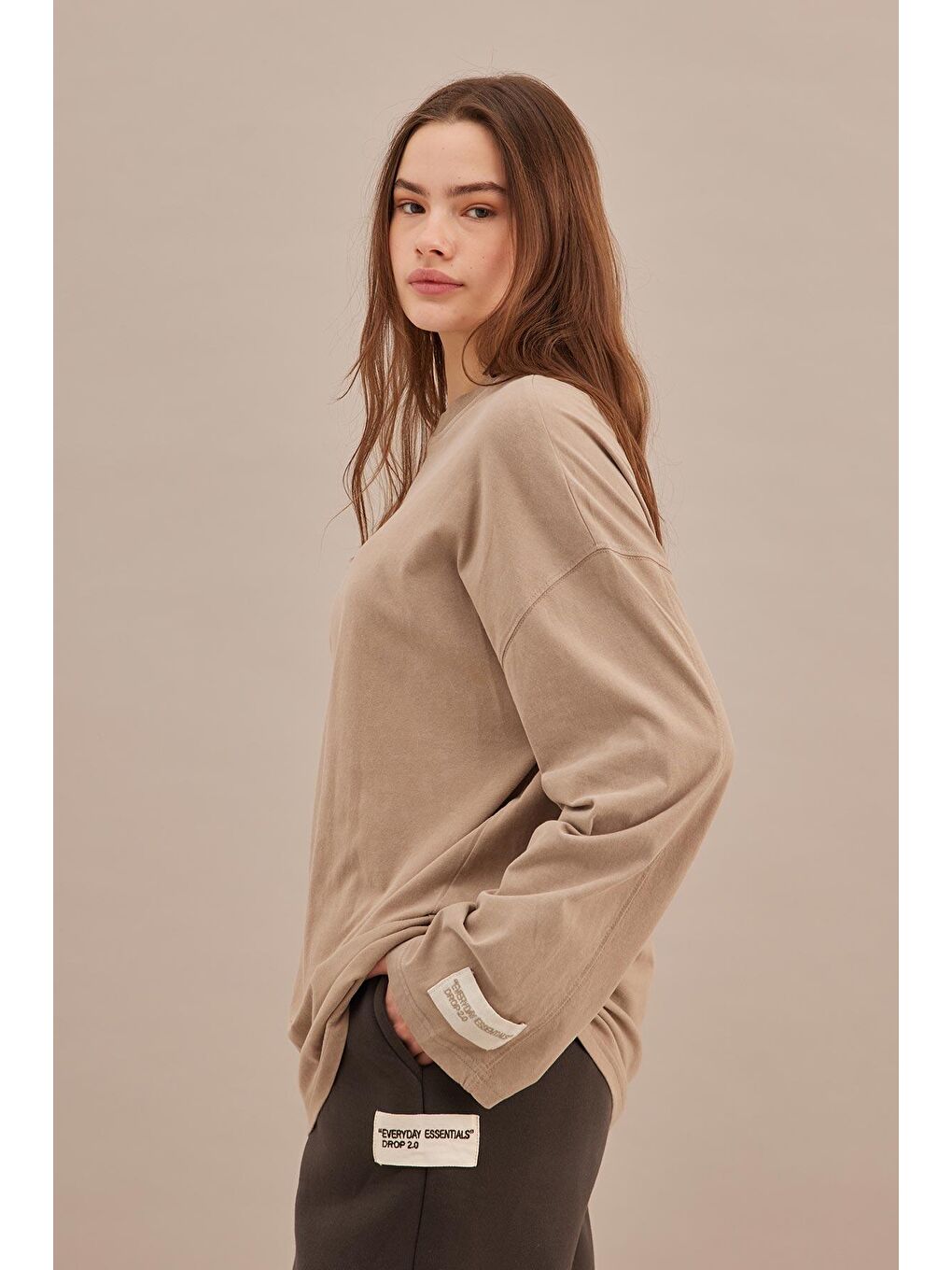 Bej Soluk Efektli Oversize Sweatshırt Taş-2