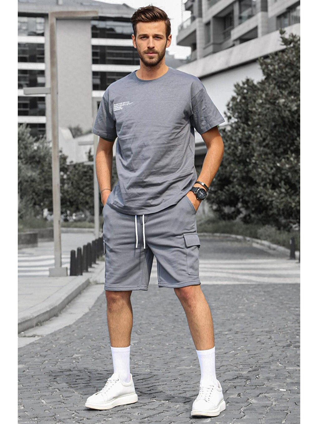 Gri Füme Oversize Erkek Şort Takımı 5391-1