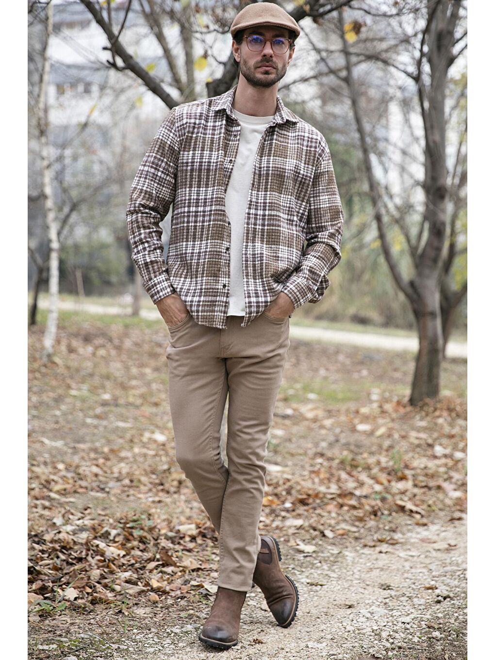 Kahverengi Ekose Desenli Pamuklu Regular Fit Kışlık Oduncu Gömlek 5896601-2