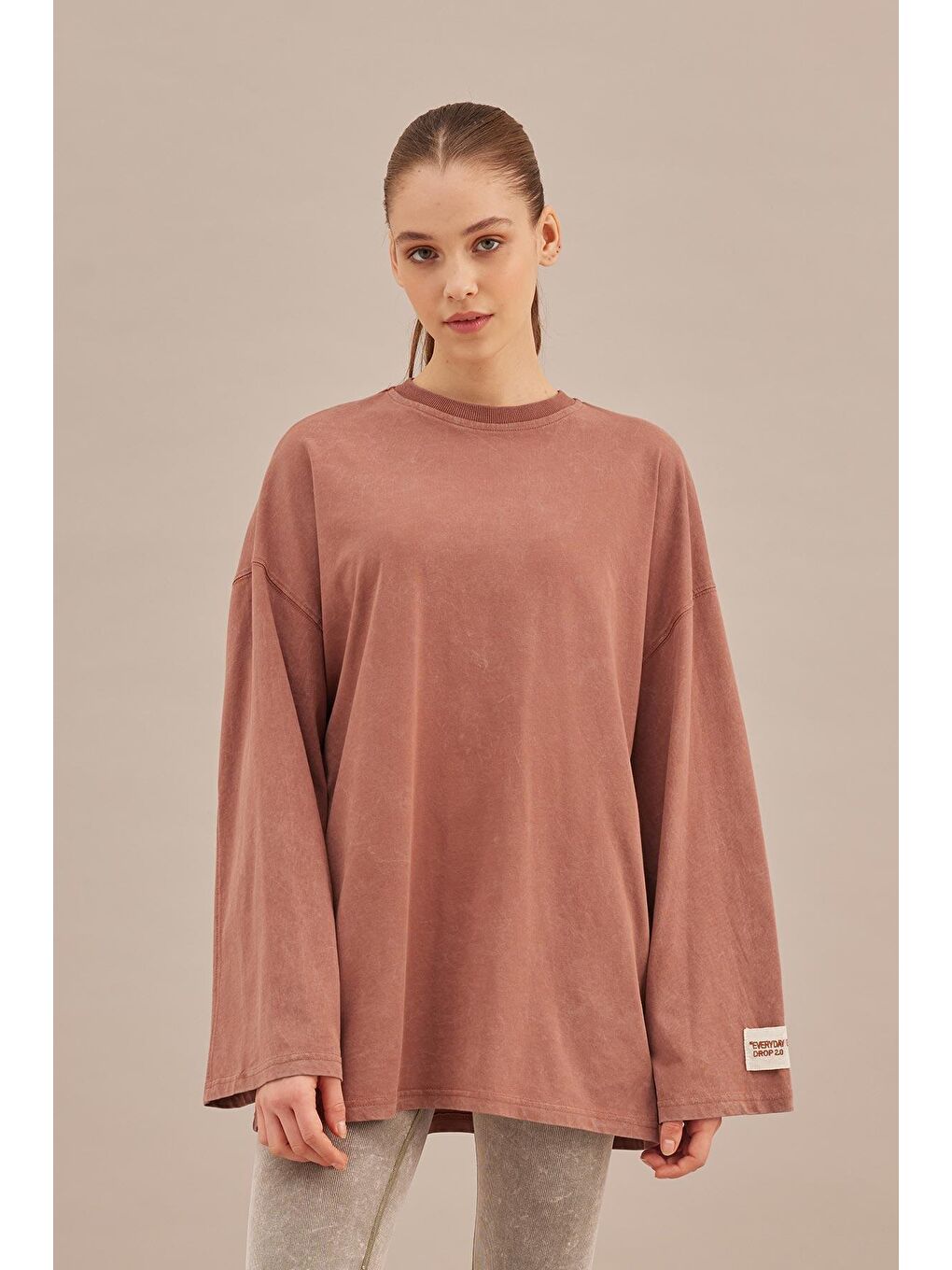 Pembe Soluk Efektli Oversize Sweatshırt Gül Kurusu-1