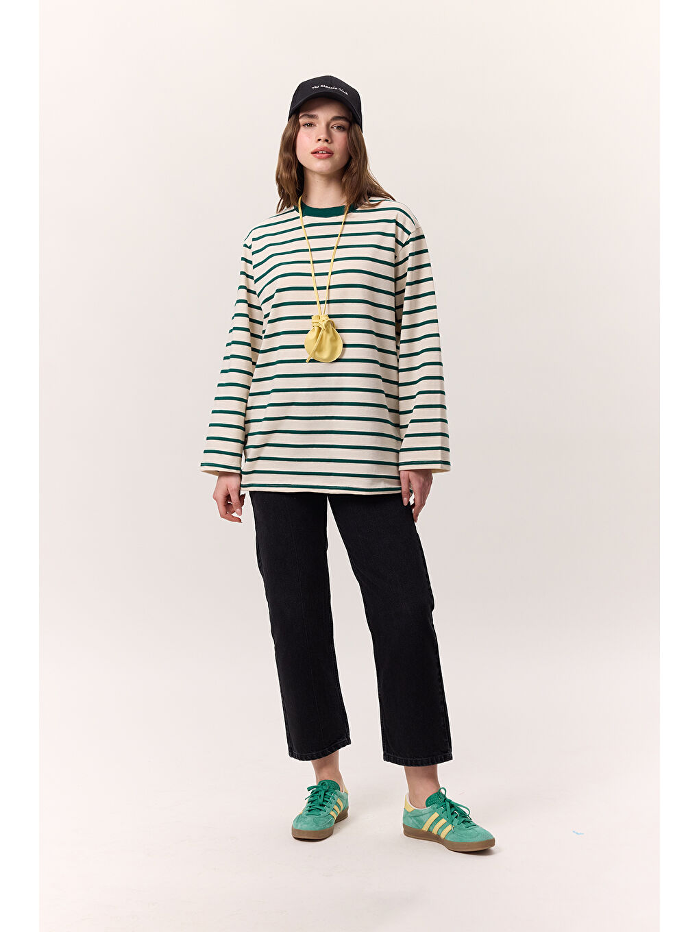 Çizgili Uzun Kollu Oversıze Tshırt Yeşil-2