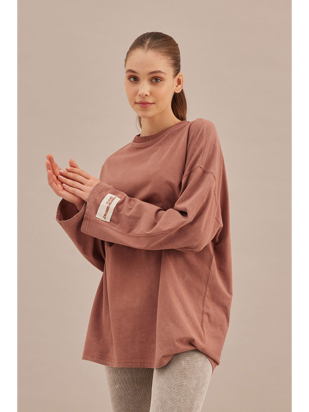 Pembe Soluk Efektli Oversize Sweatshırt Gül Kurusu-2