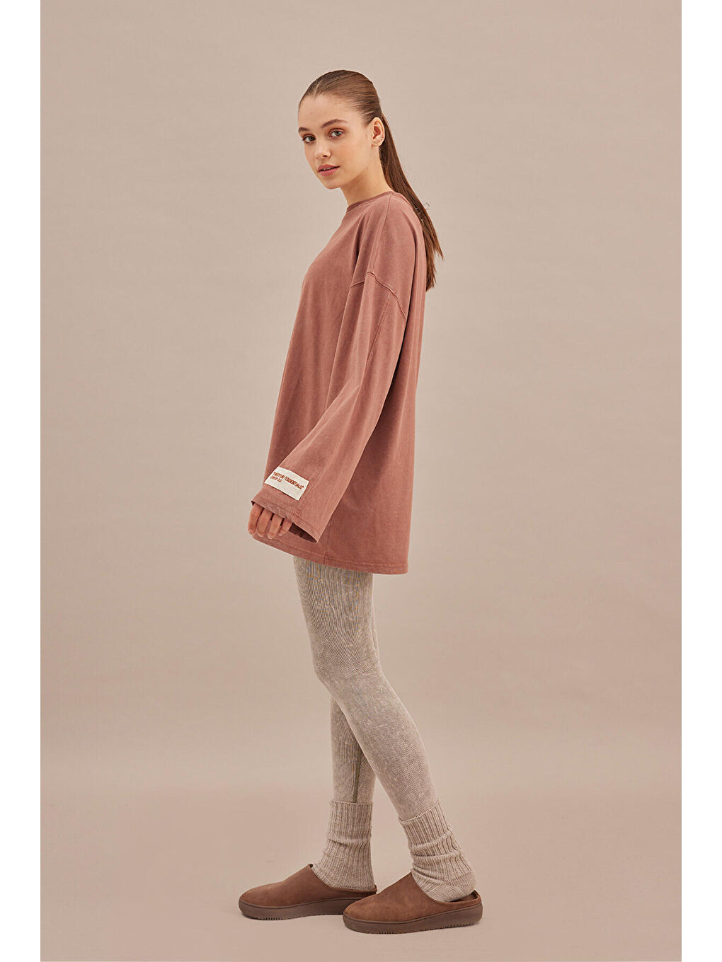 Pembe Soluk Efektli Oversize Sweatshırt Gül Kurusu-4