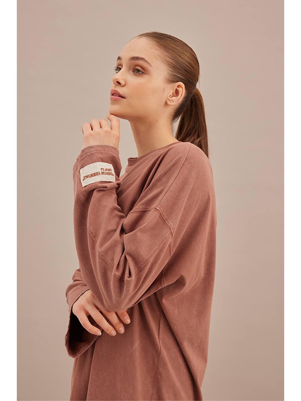 Pembe Soluk Efektli Oversize Sweatshırt Gül Kurusu-5