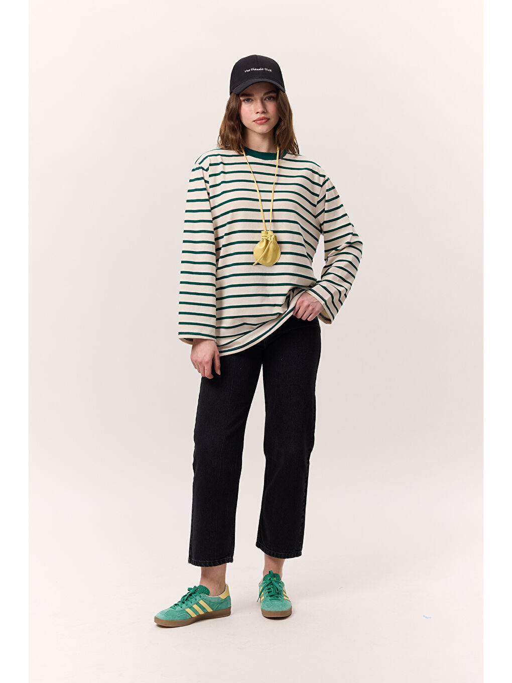 Çizgili Uzun Kollu Oversıze Tshırt Yeşil-3