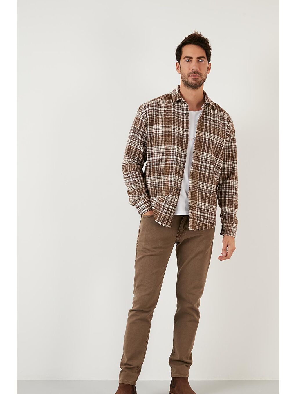 Kahverengi Ekose Desenli Pamuklu Regular Fit Kışlık Oduncu Gömlek 5896601-4
