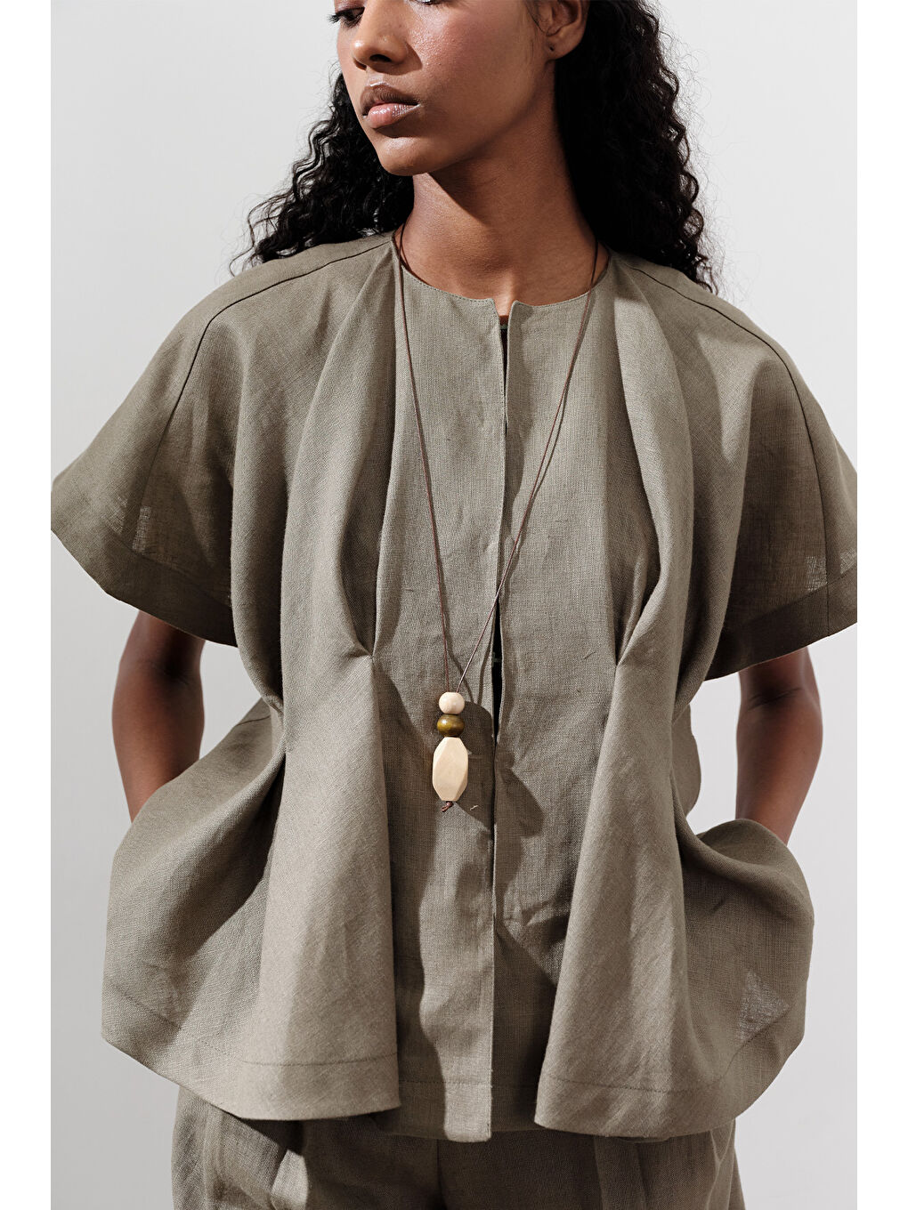 Keten Pile Detaylı Yelek Haki-4