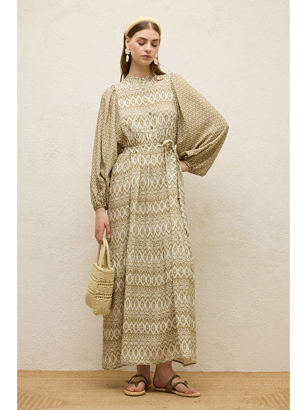 Yeşil Viskon Balon Kol Elbise Adaçayı-1