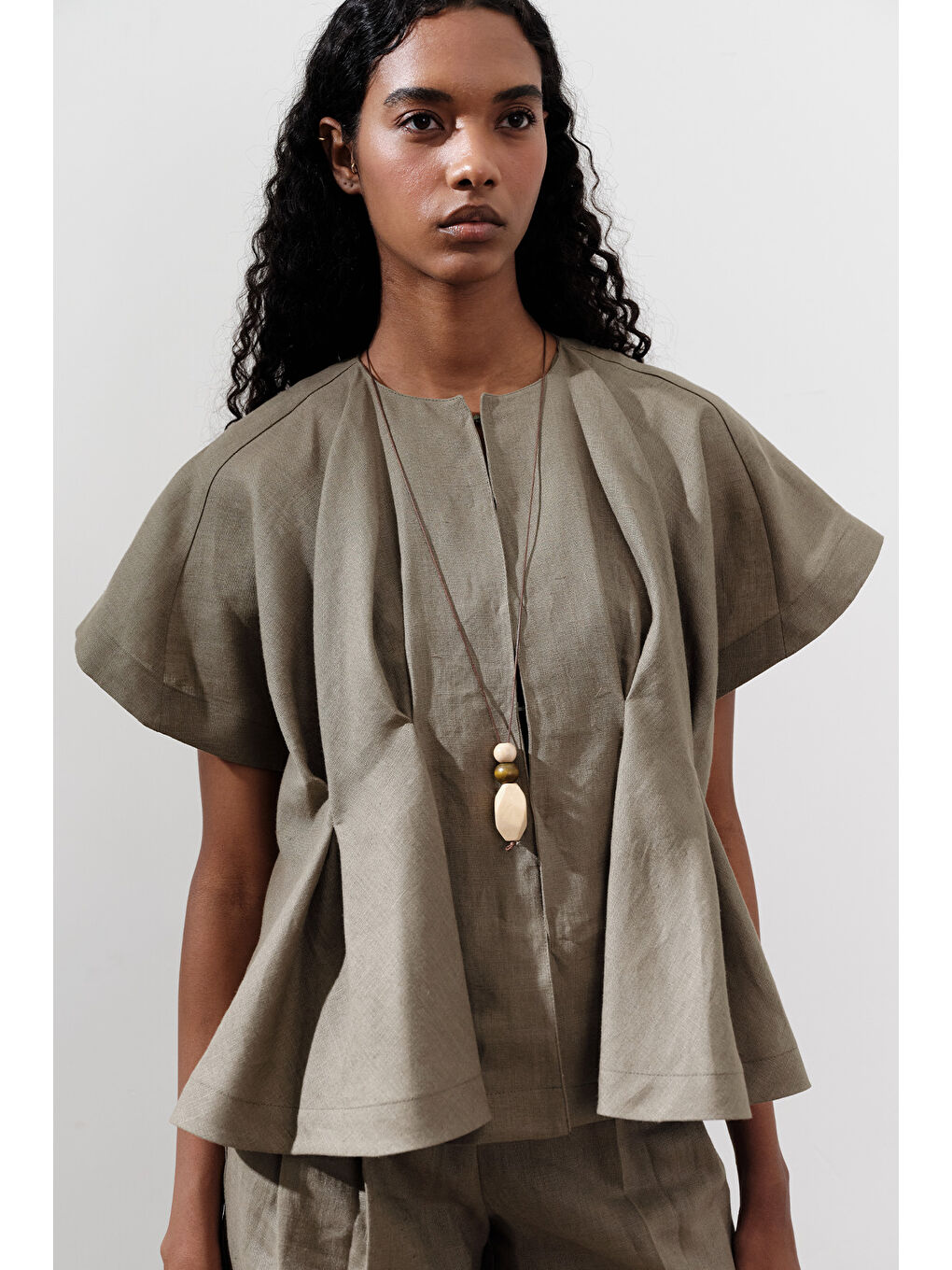 Keten Pile Detaylı Yelek Haki-5