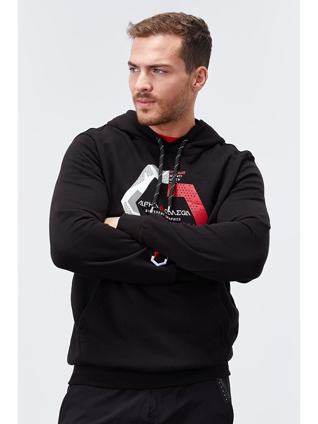 TOMMYLIFE Siyah Geometrik Baskılı Standart Kalıp Kapüşonlu Erkek Sweatshirt - 87870 - 2