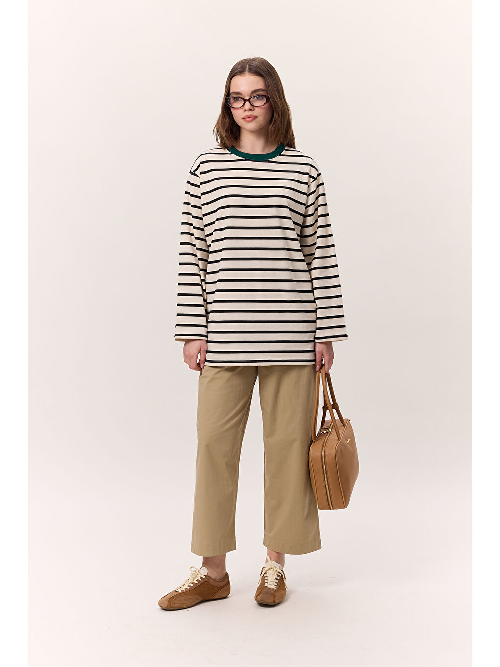 Çizgili Uzun Kollu Oversıze Tshırt Siyah-1