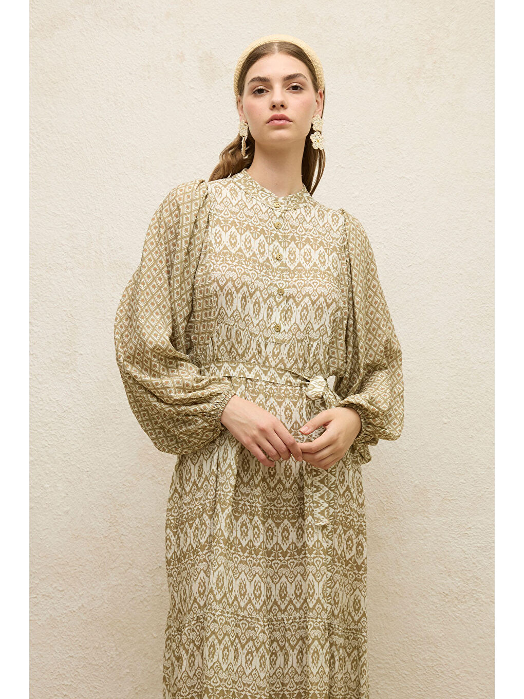 Yeşil Viskon Balon Kol Elbise Adaçayı-3