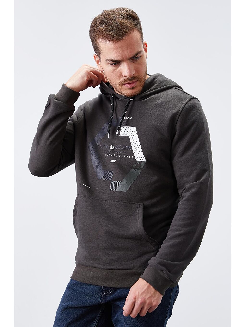 TOMMYLIFE Haki Geometrik Baskılı Standart Kalıp Kapüşonlu Erkek Sweatshirt - 87870