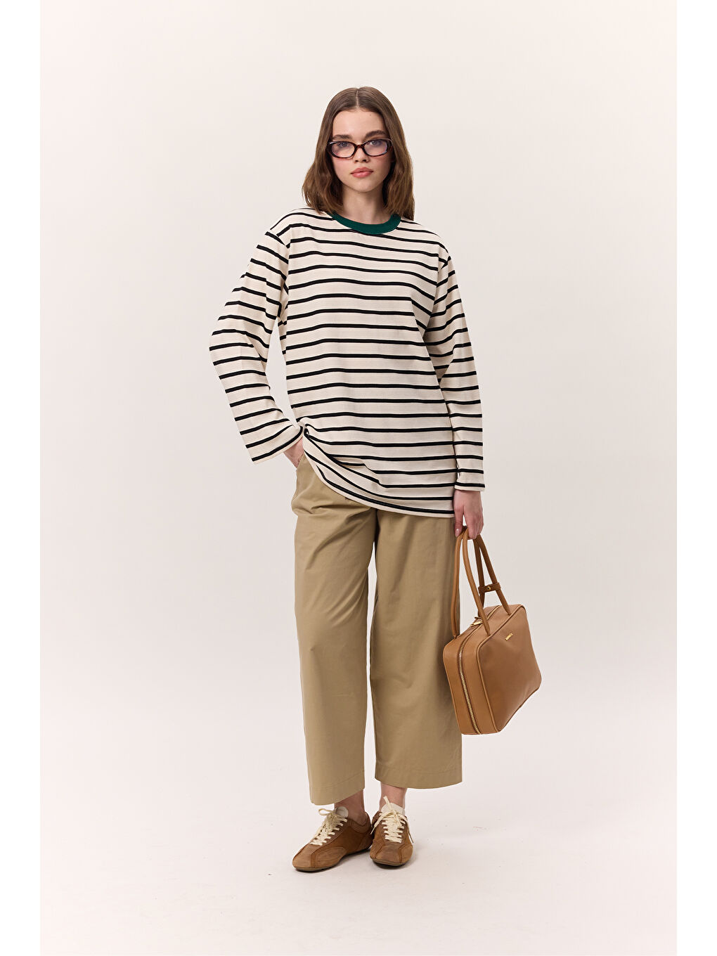 Çizgili Uzun Kollu Oversıze Tshırt Siyah-2