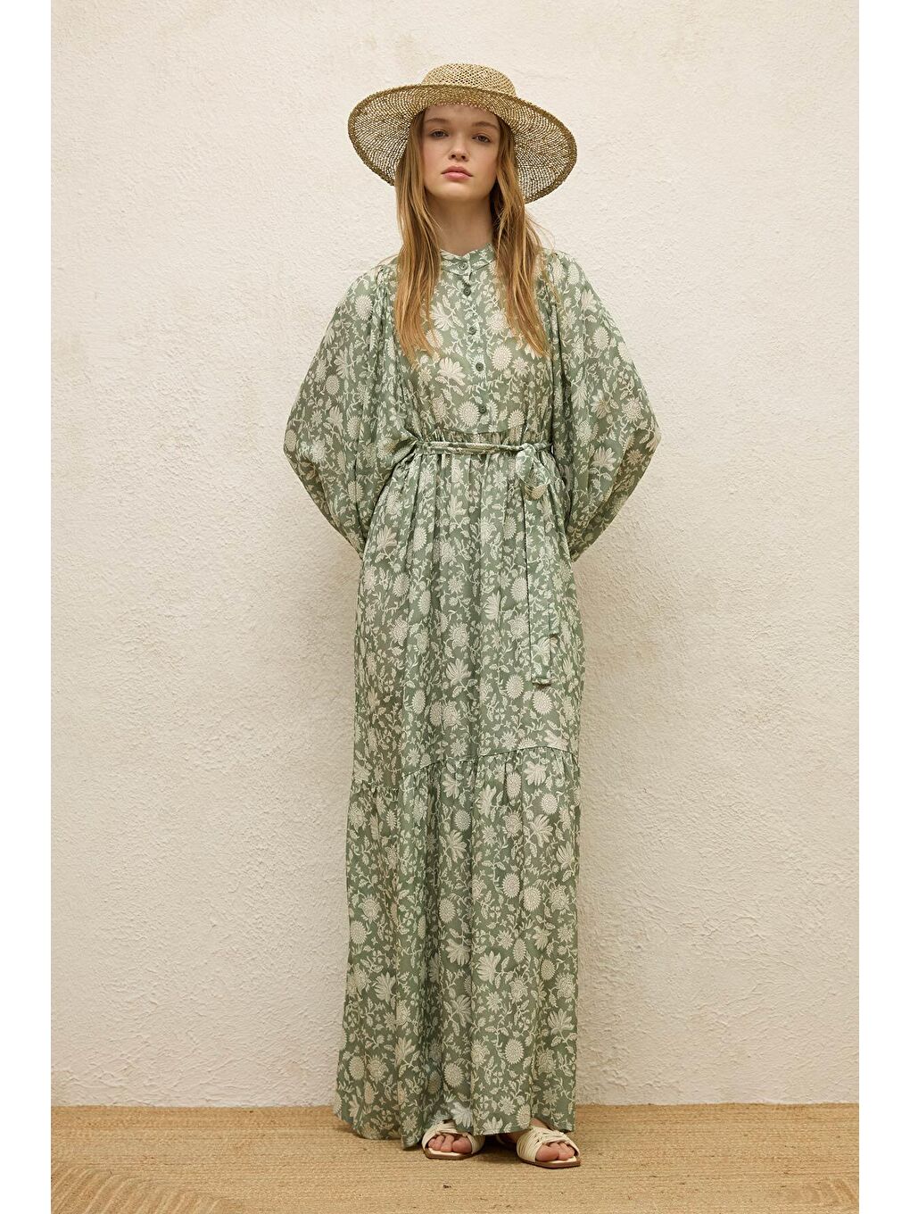 Yeşil Viskon Balon Kol Elbise Etnik-Çağla-1