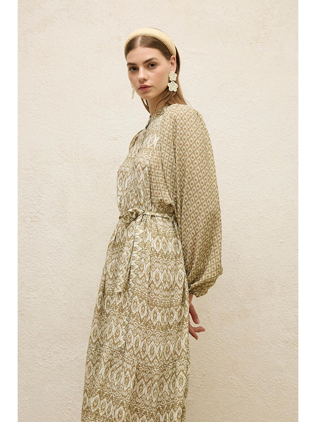 Yeşil Viskon Balon Kol Elbise Adaçayı-4