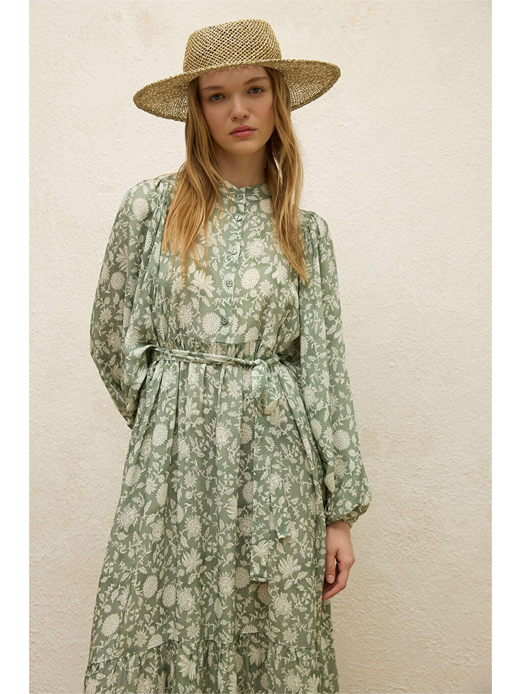 Yeşil Viskon Balon Kol Elbise Etnik-Çağla-2