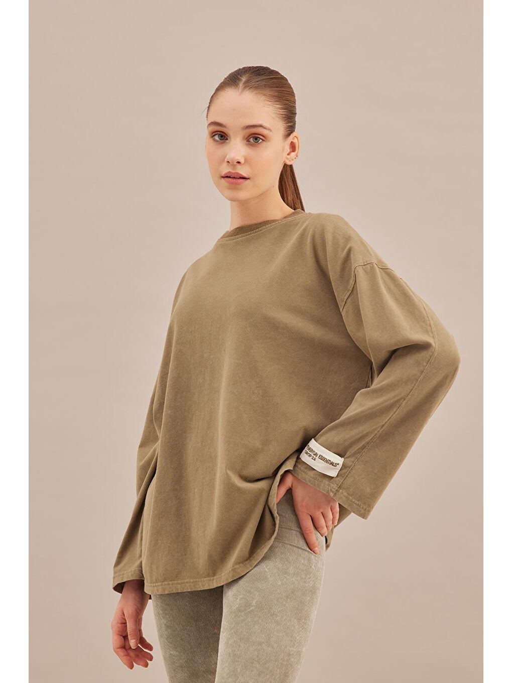 Soluk Efektli Oversize Sweatshırt Haki