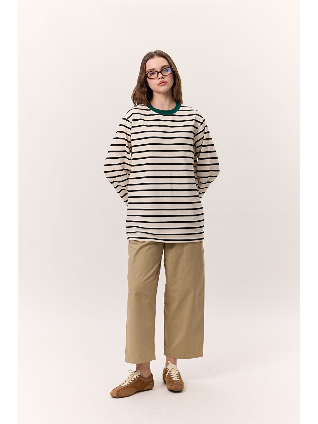 Çizgili Uzun Kollu Oversıze Tshırt Siyah-3