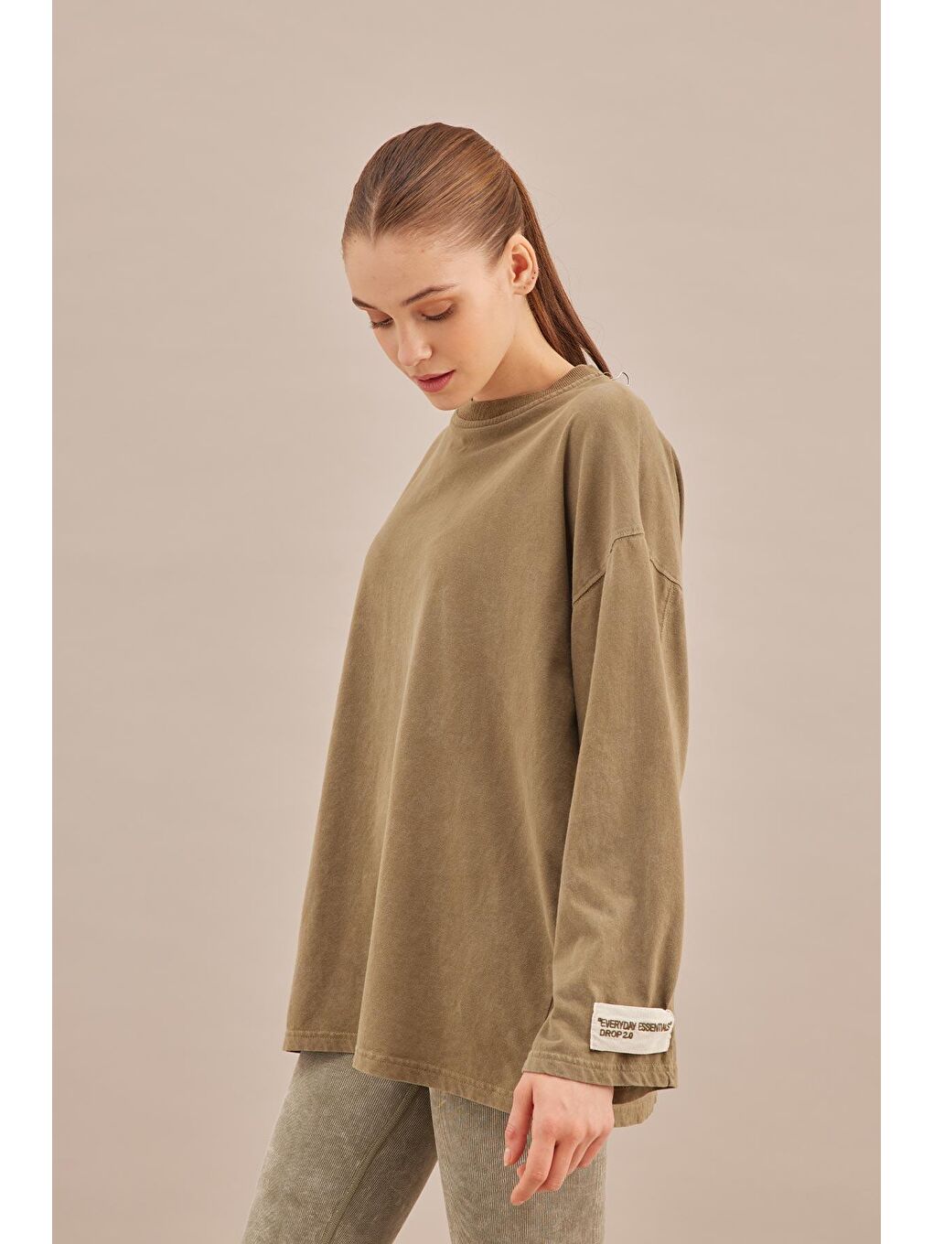 Soluk Efektli Oversize Sweatshırt Haki-1