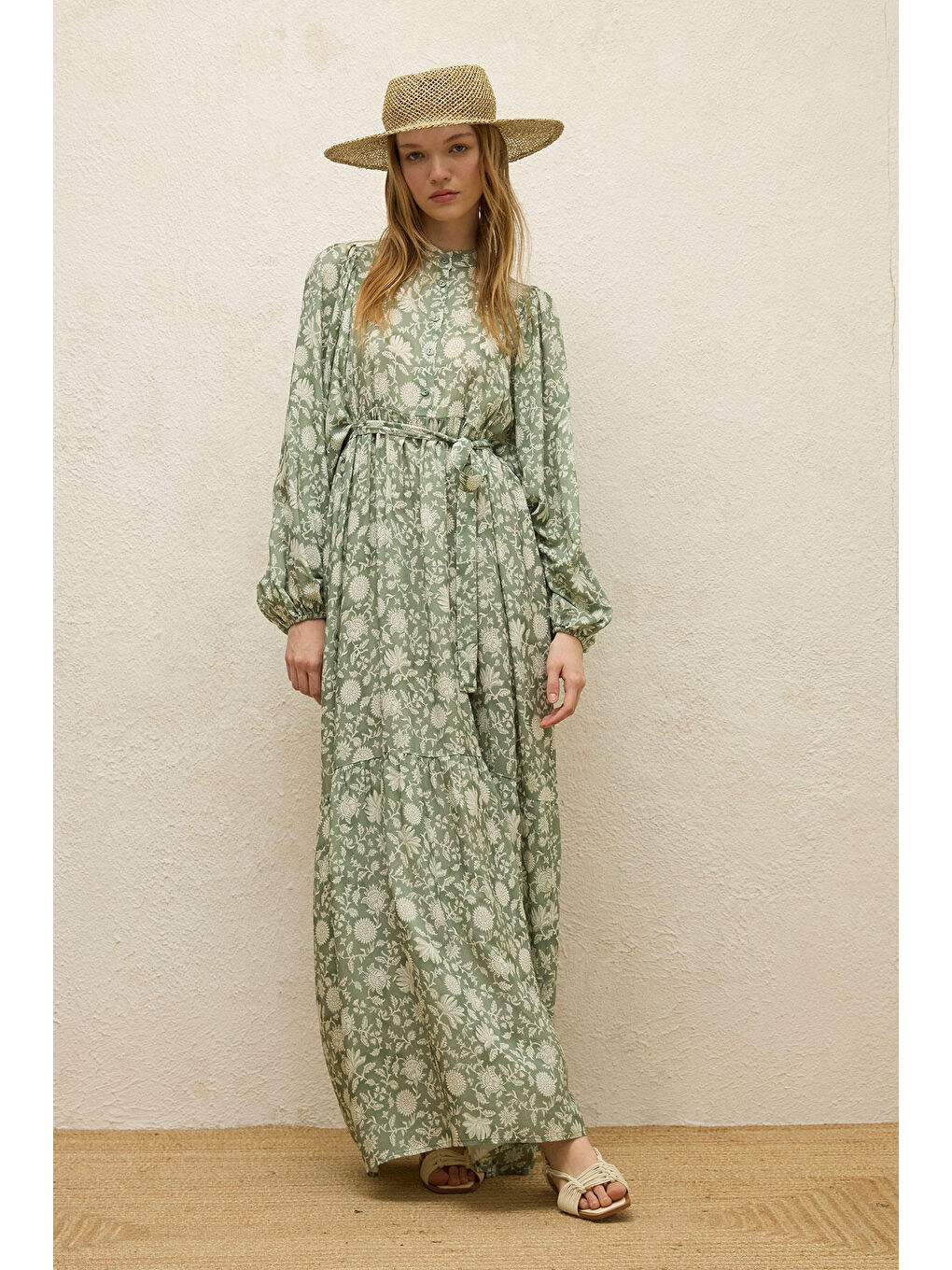 Yeşil Viskon Balon Kol Elbise Etnik-Çağla-3