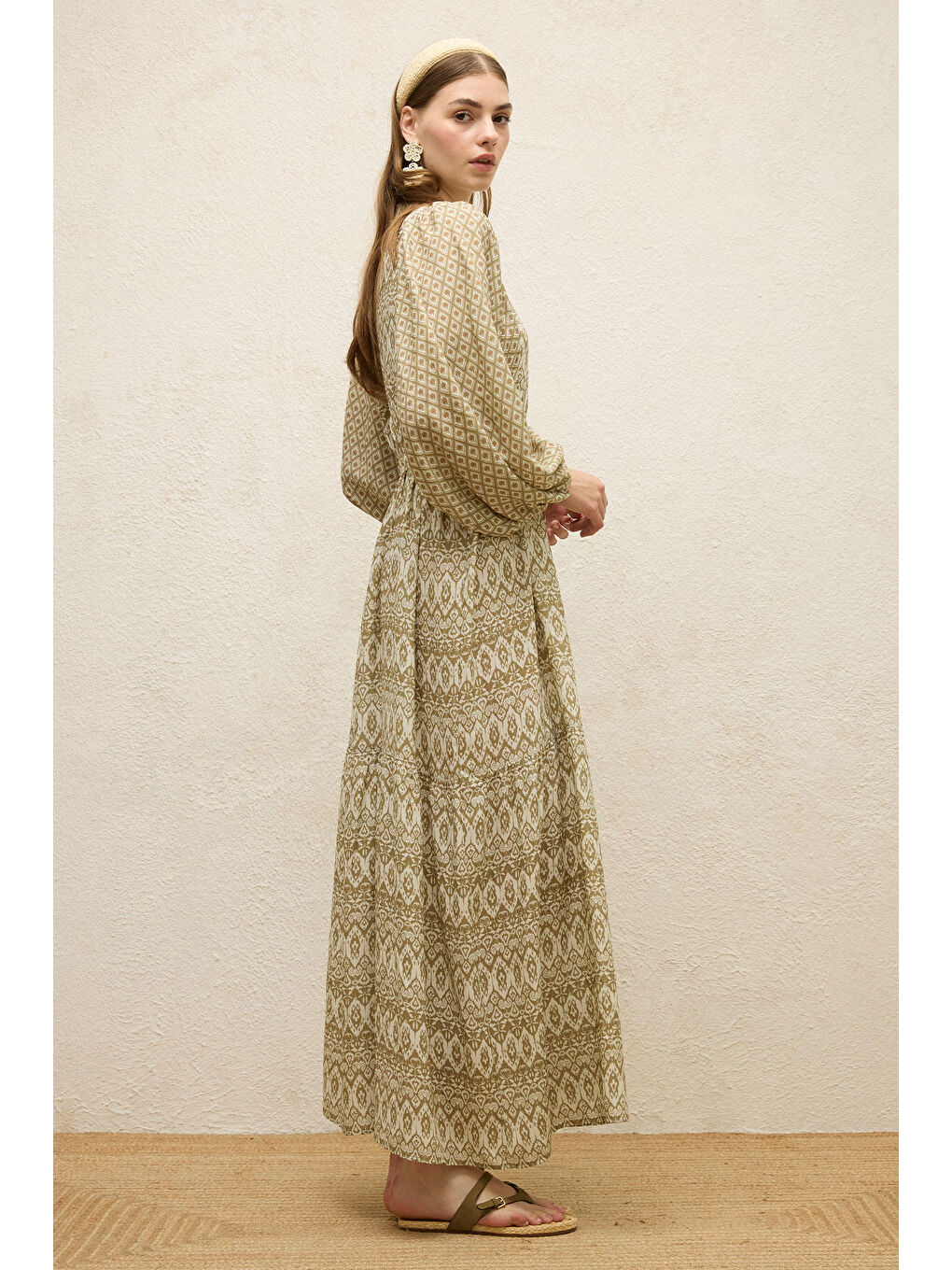 Yeşil Viskon Balon Kol Elbise Adaçayı-6