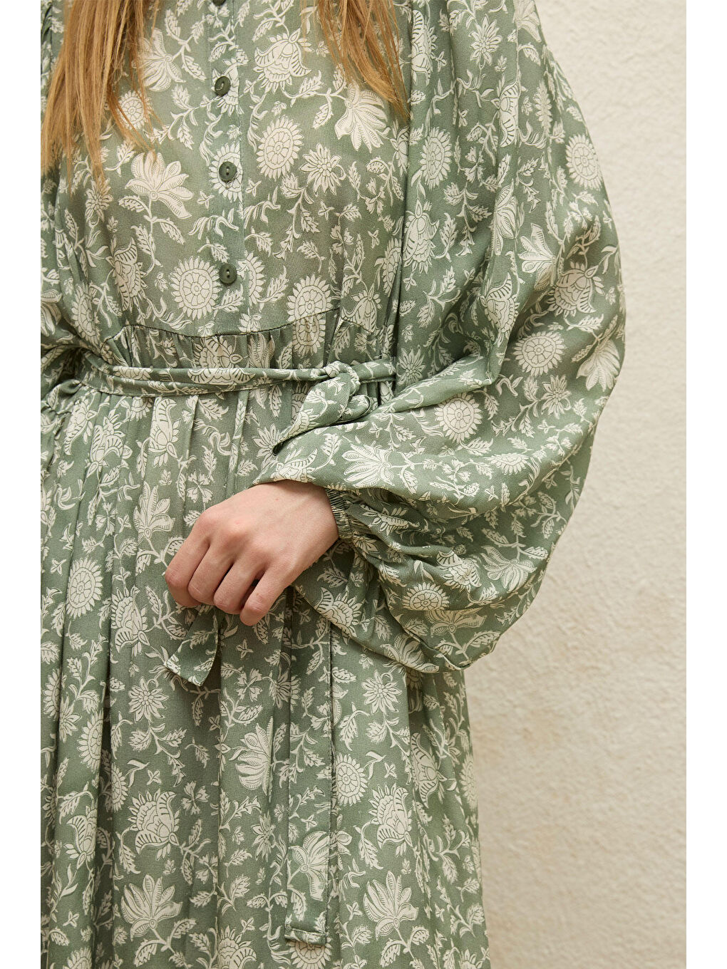 Yeşil Viskon Balon Kol Elbise Etnik-Çağla-4