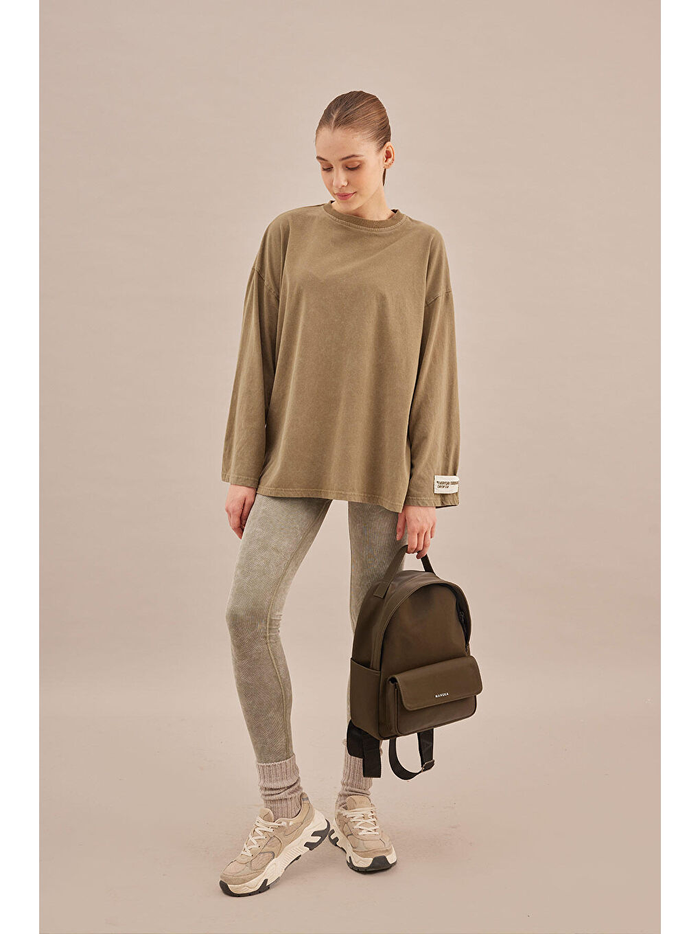 Soluk Efektli Oversize Sweatshırt Haki-4