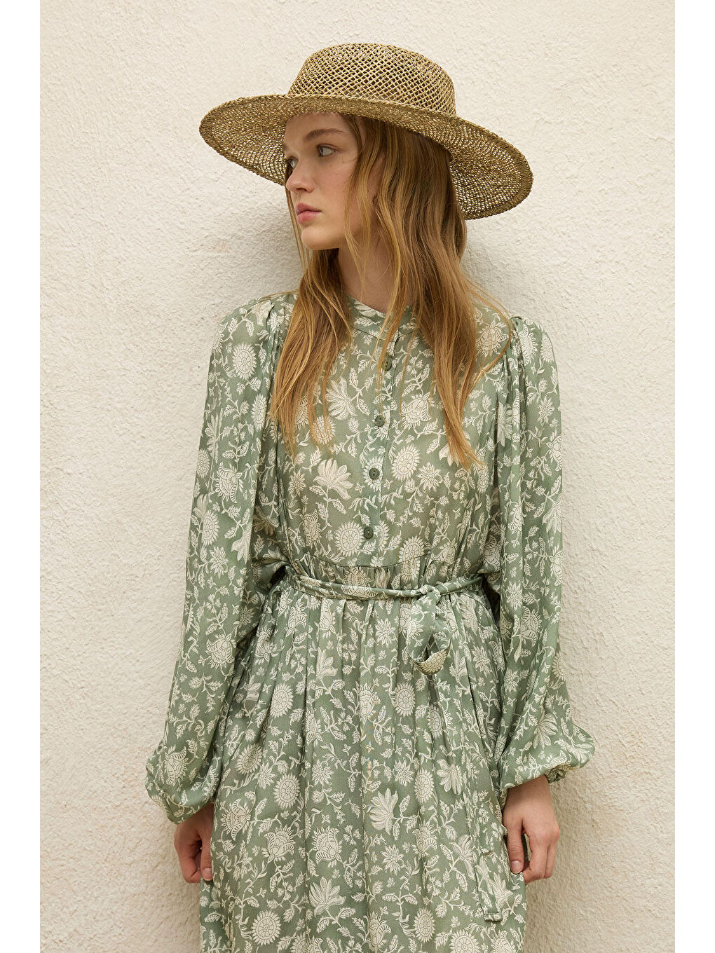 Yeşil Viskon Balon Kol Elbise Etnik-Çağla-5