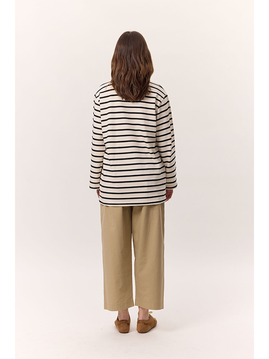 Çizgili Uzun Kollu Oversıze Tshırt Siyah-5