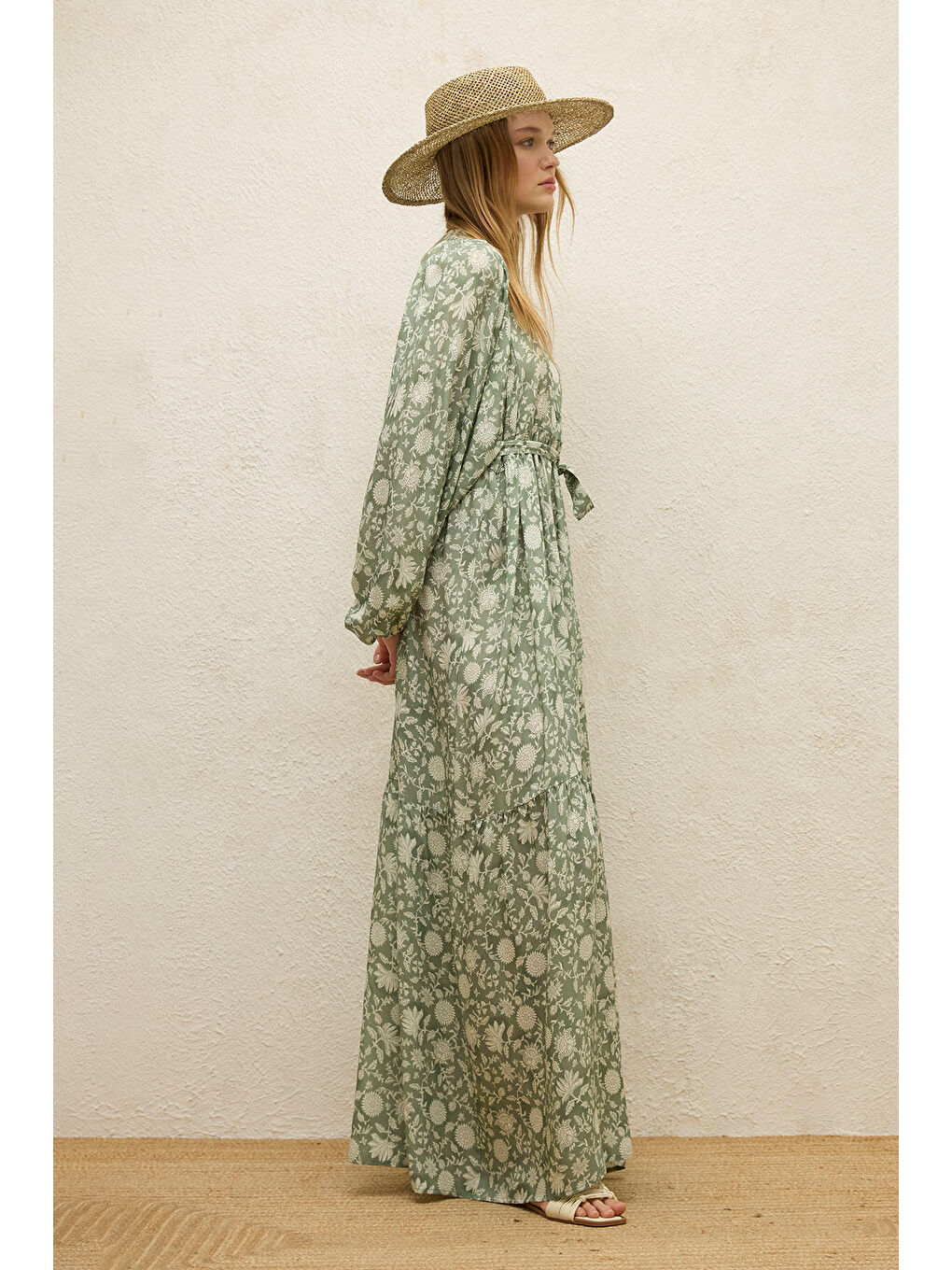 Yeşil Viskon Balon Kol Elbise Etnik-Çağla-6