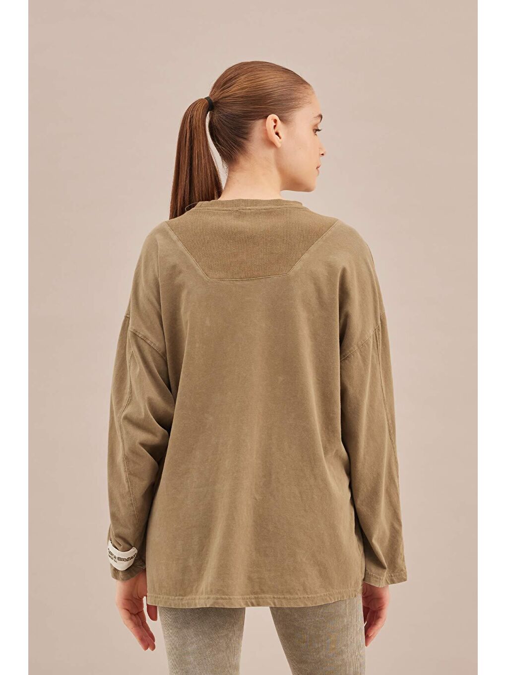 Soluk Efektli Oversize Sweatshırt Haki-7