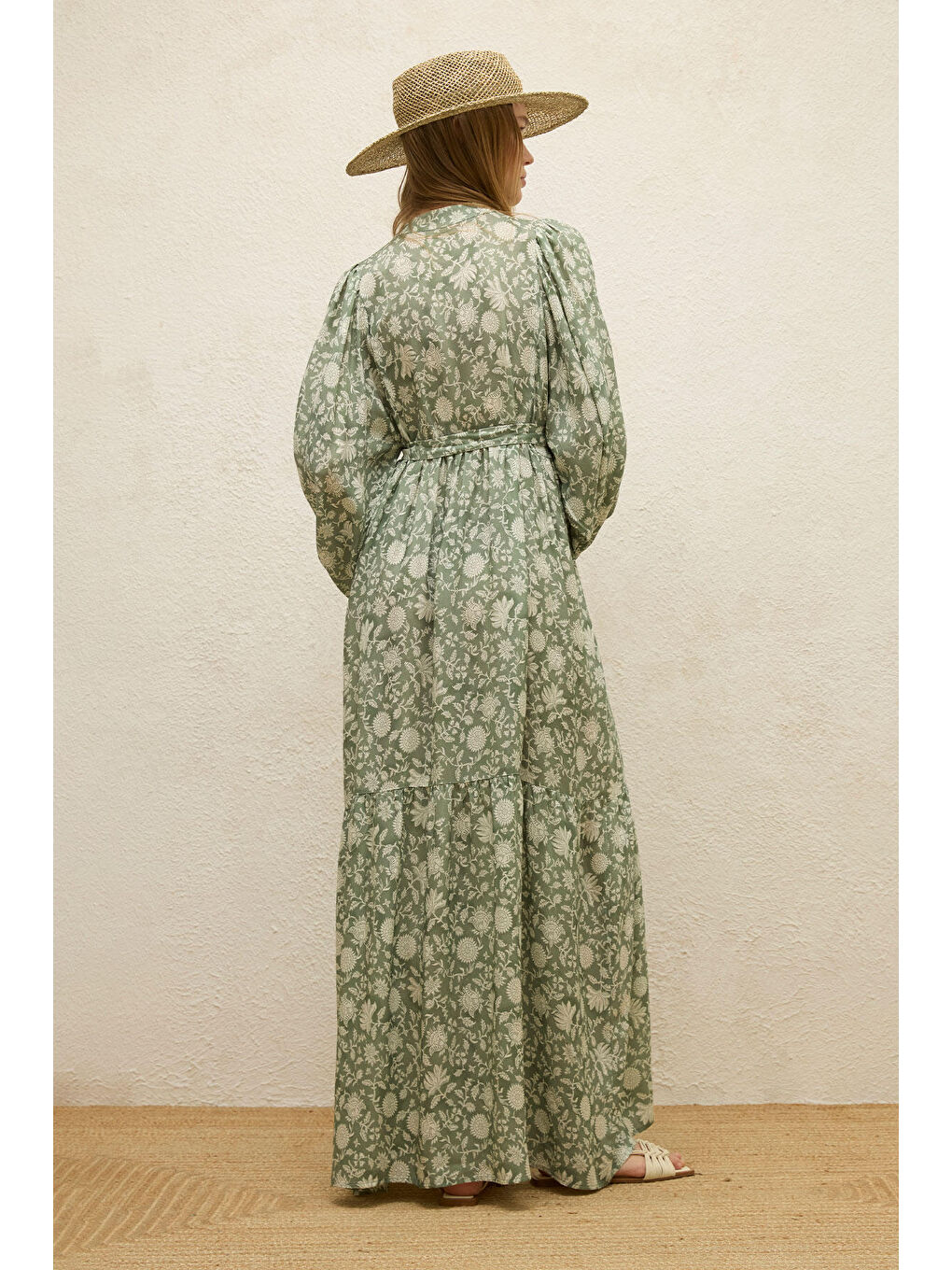 Yeşil Viskon Balon Kol Elbise Etnik-Çağla-7