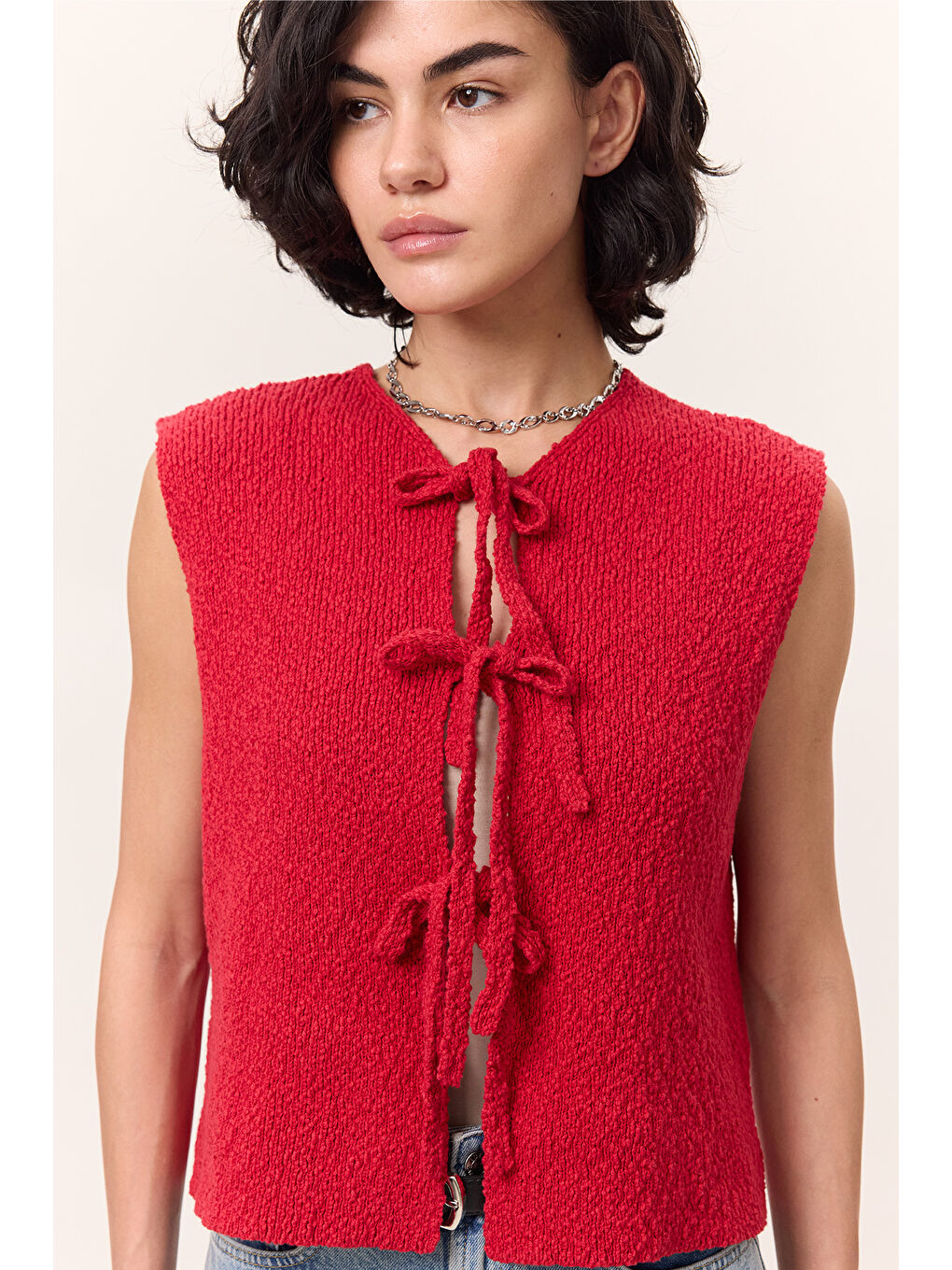 Bağcıklı Triko Yelek Kırmızı-1