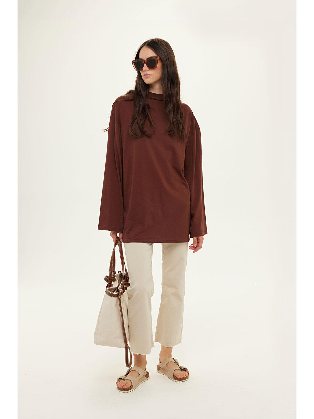 Kahverengi Geniş Kol Oversize Sweatshirt Çikolata