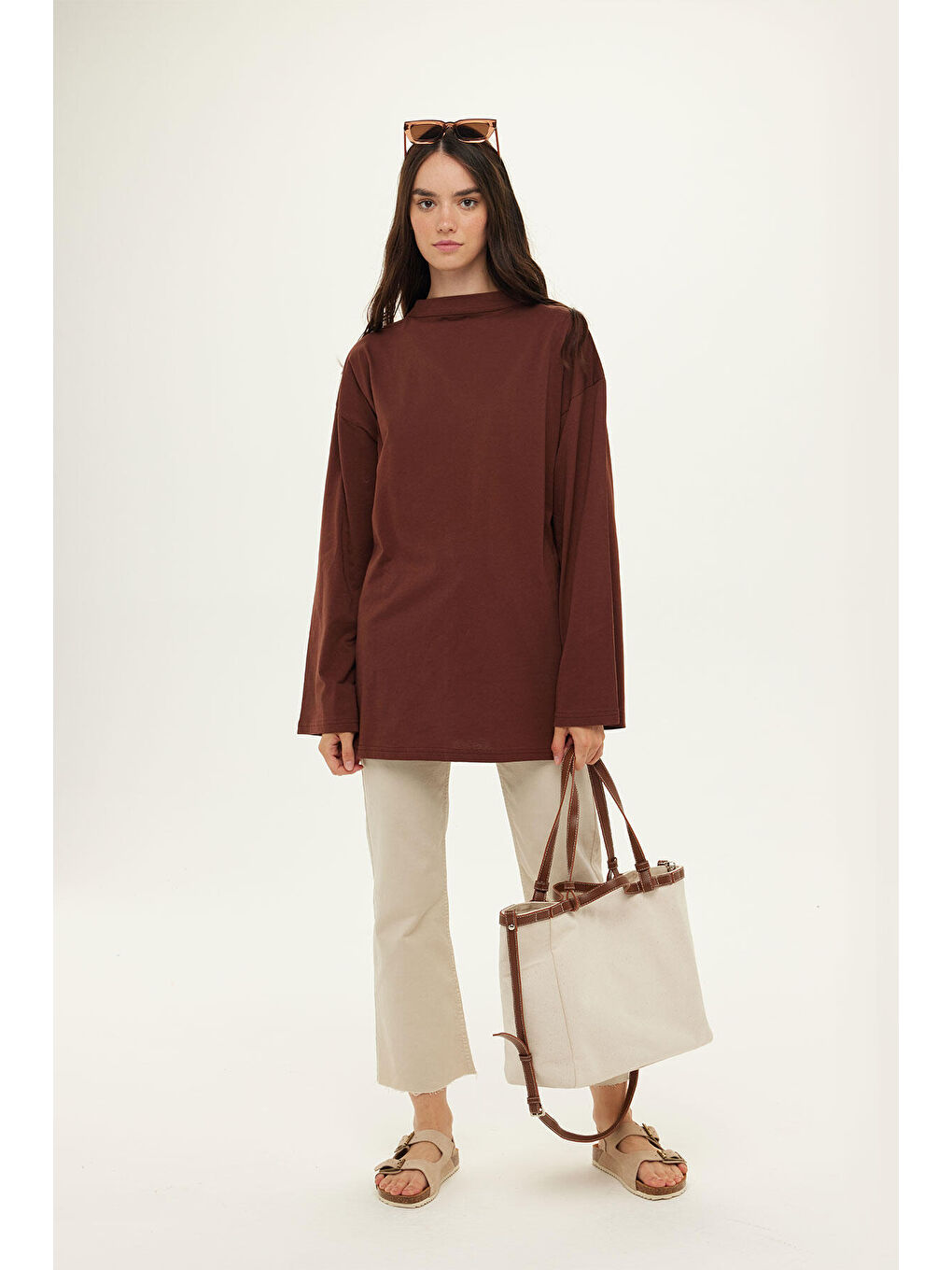 Kahverengi Geniş Kol Oversize Sweatshirt Çikolata-1